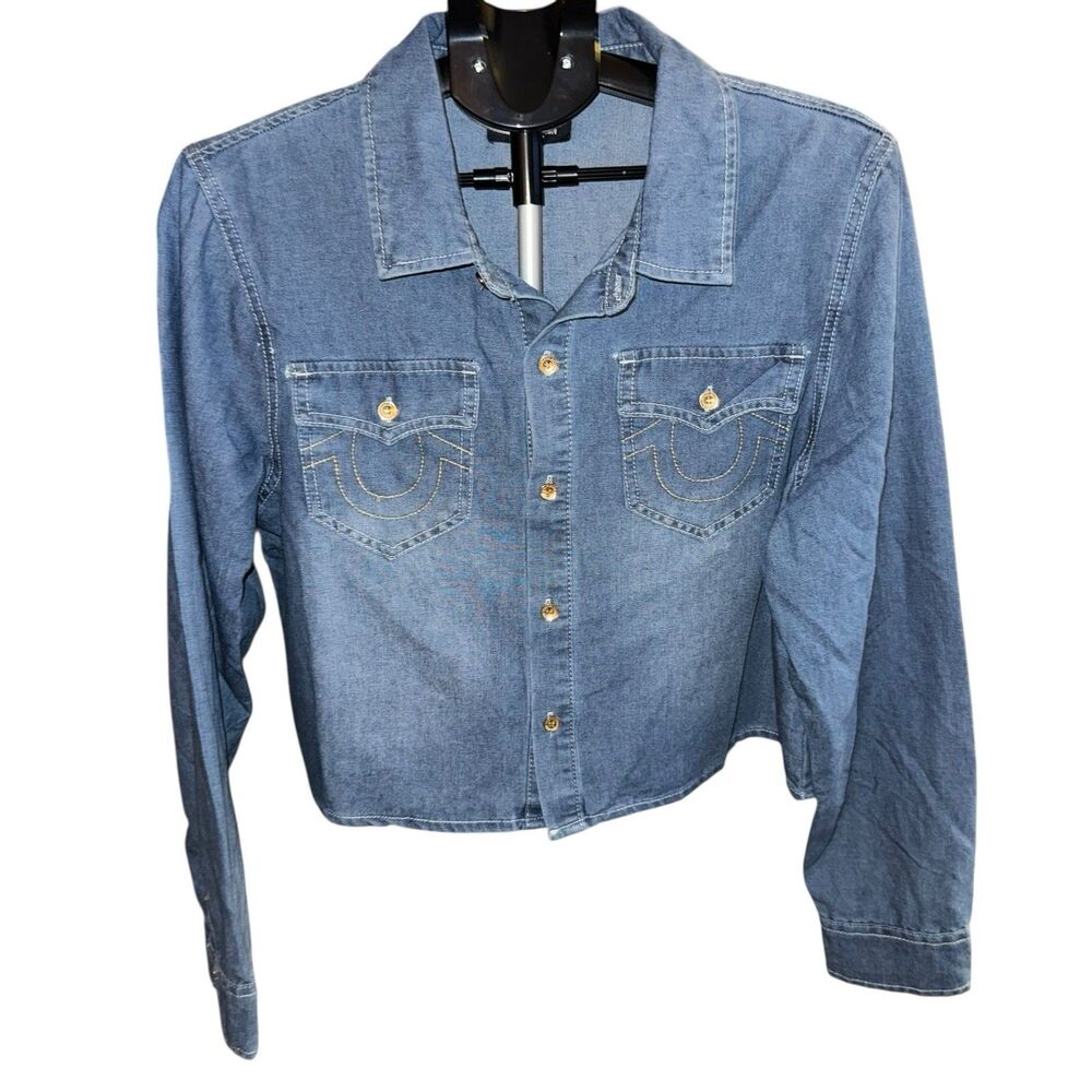 NWT True Religion Western Denim Shirt Long Sleeve Womens L Medium Blue Wash Boho